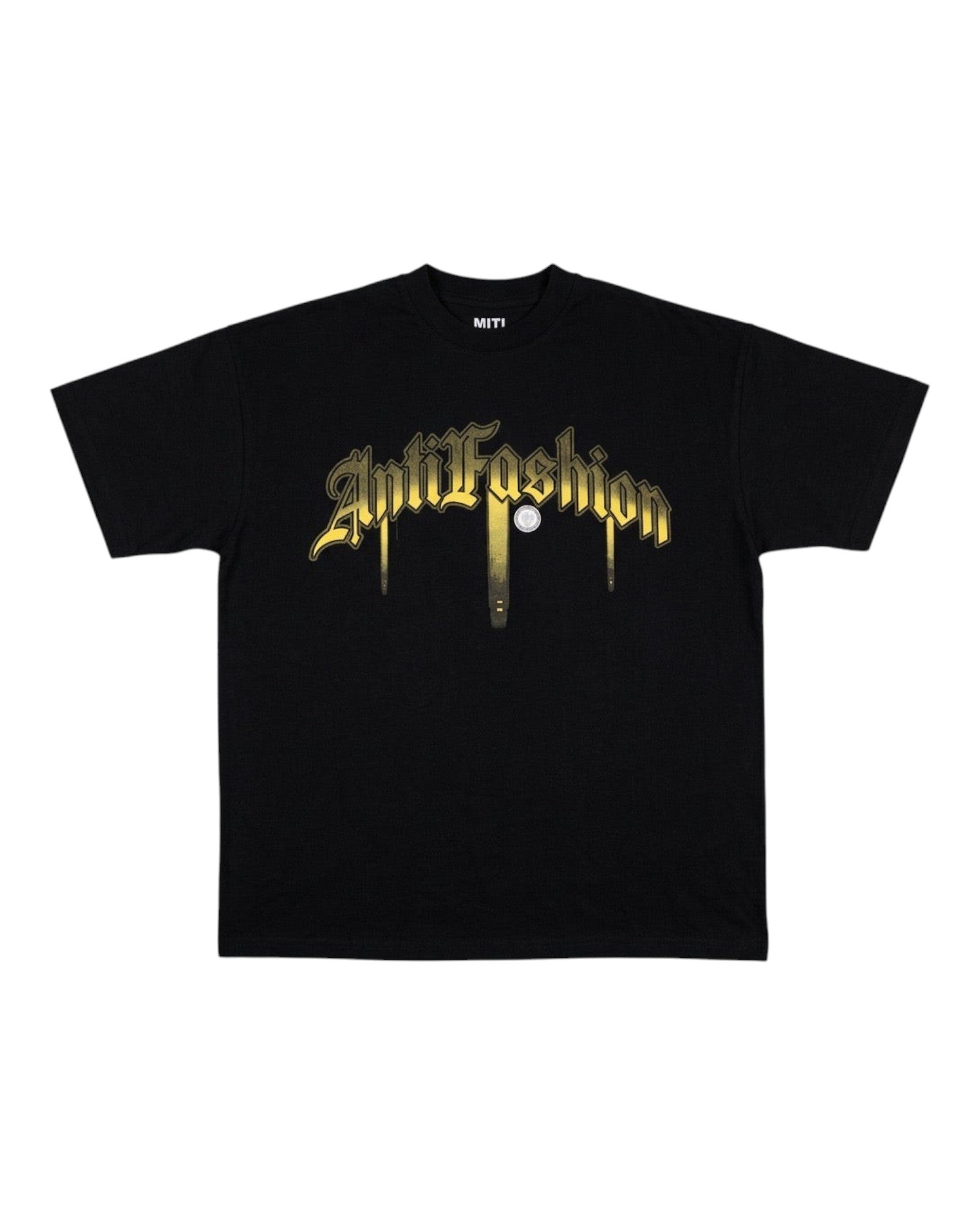 ANTIFASHION black cotton t-shirt with metallic gold gothic logo on front and robot graphic on back.