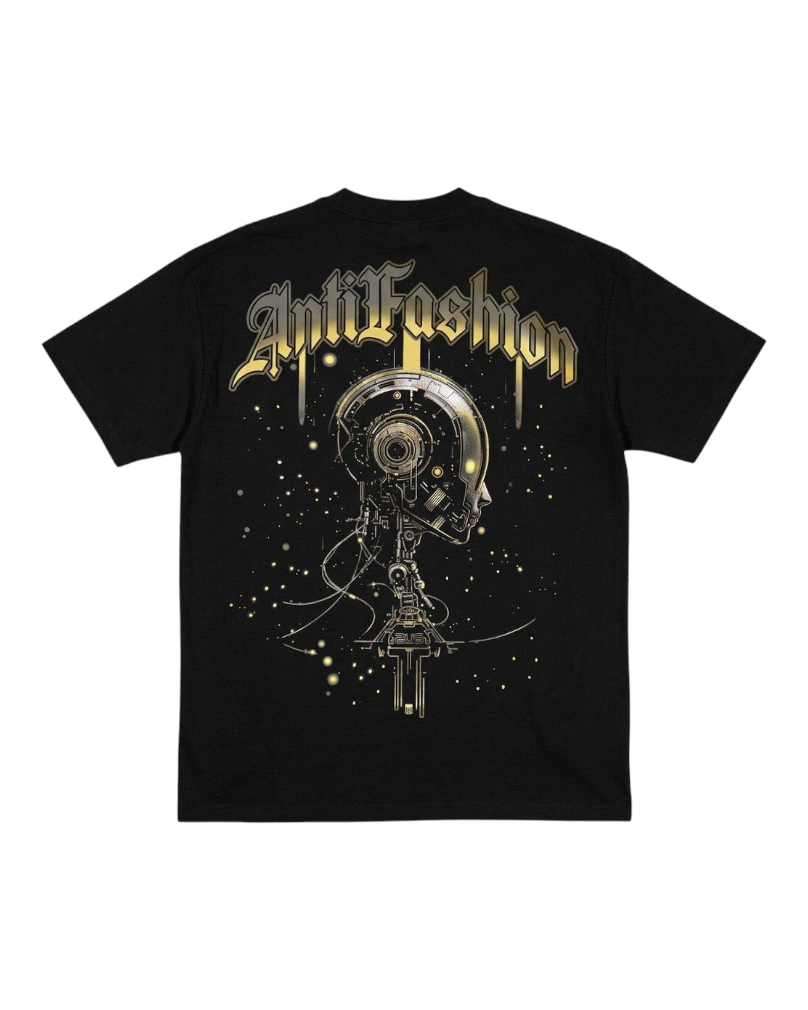 ANTIFASHION black cotton t-shirt with metallic gold robot graphic on back and gothic logo on front.
