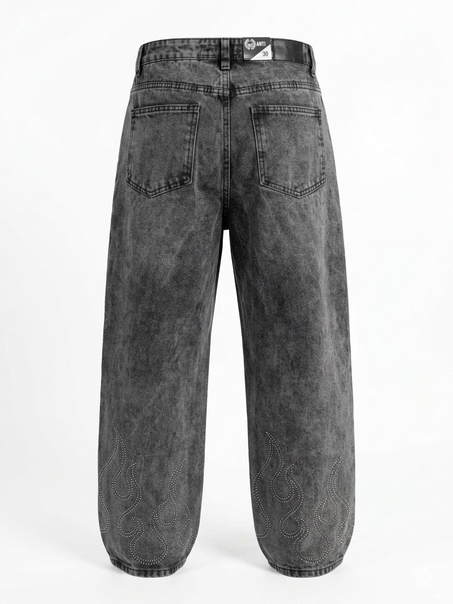 Jeans Baggy Shinny Flames Black - ANTIFASHION