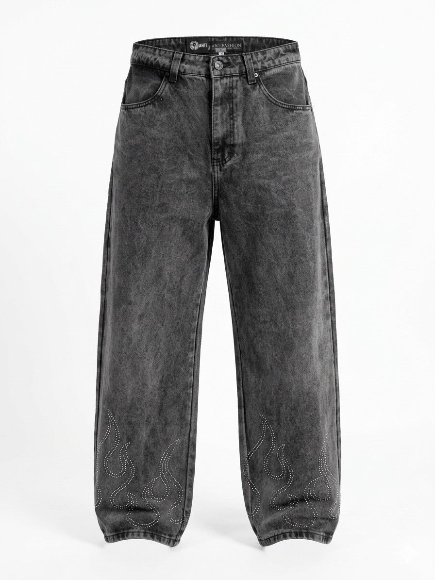 Jeans Baggy Shinny Flames Black - ANTIFASHION