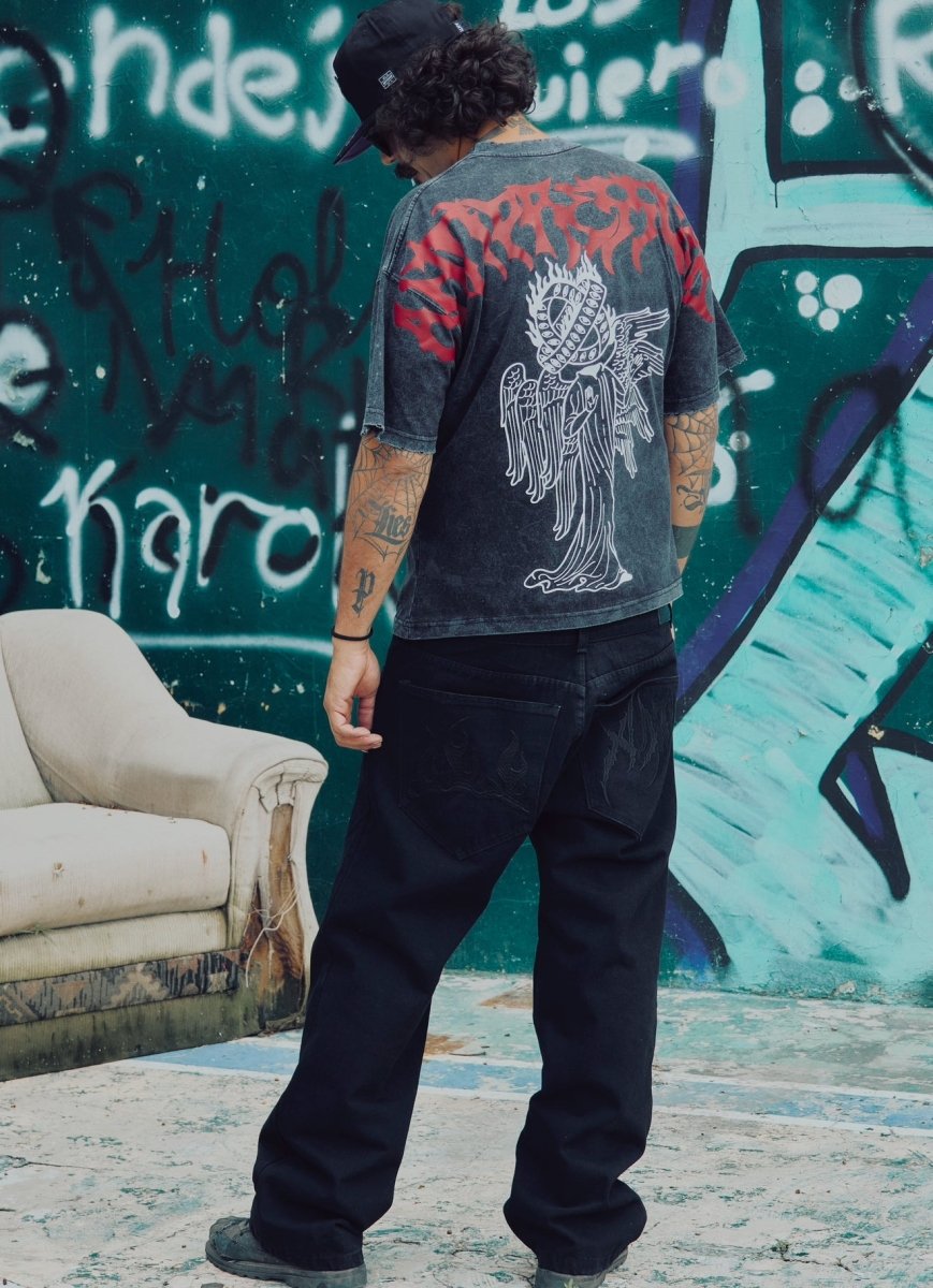 Jeans Bordados Flames Negro - ANTIFASHION
