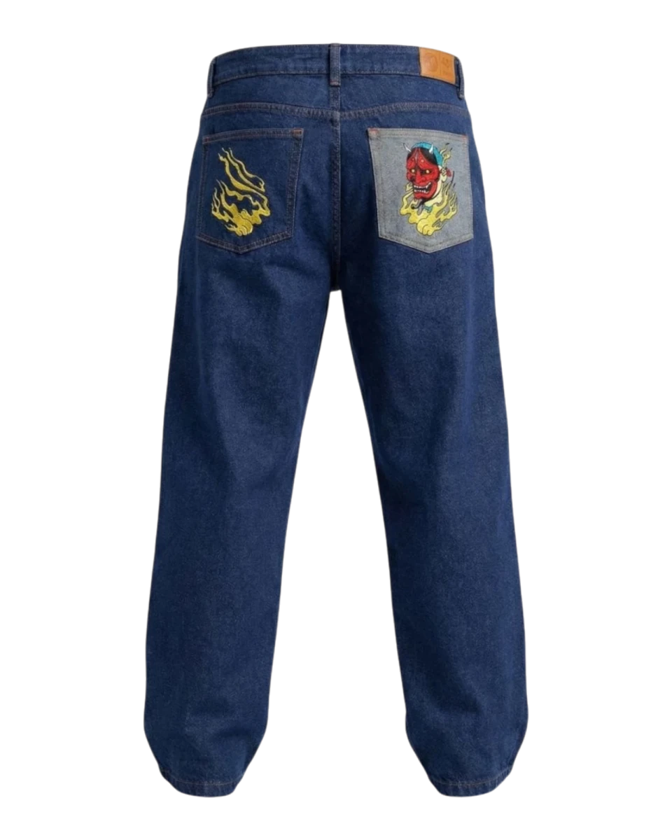 Jeans Bordados Hannya Índigo - ANTIFASHION